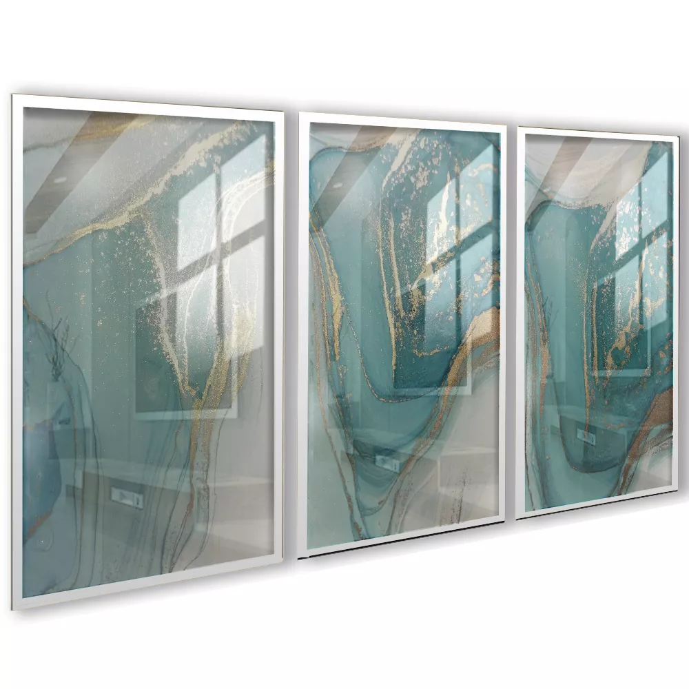 Quadro Trio Sala Abstrato Mar Green Gold