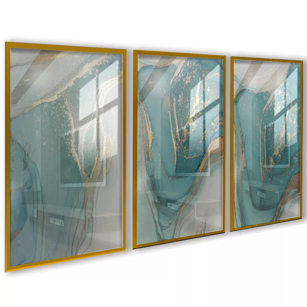 Quadro Trio Sala Abstrato Mar Green Gold