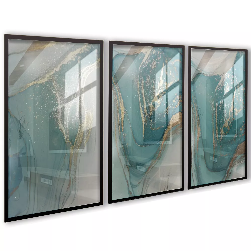 Quadro Trio Sala Abstrato Mar Green Gold
