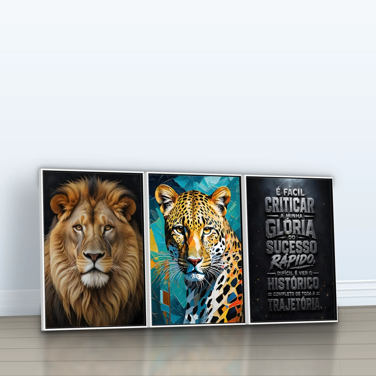 Quadro Trio Sala Leão Realista Dark