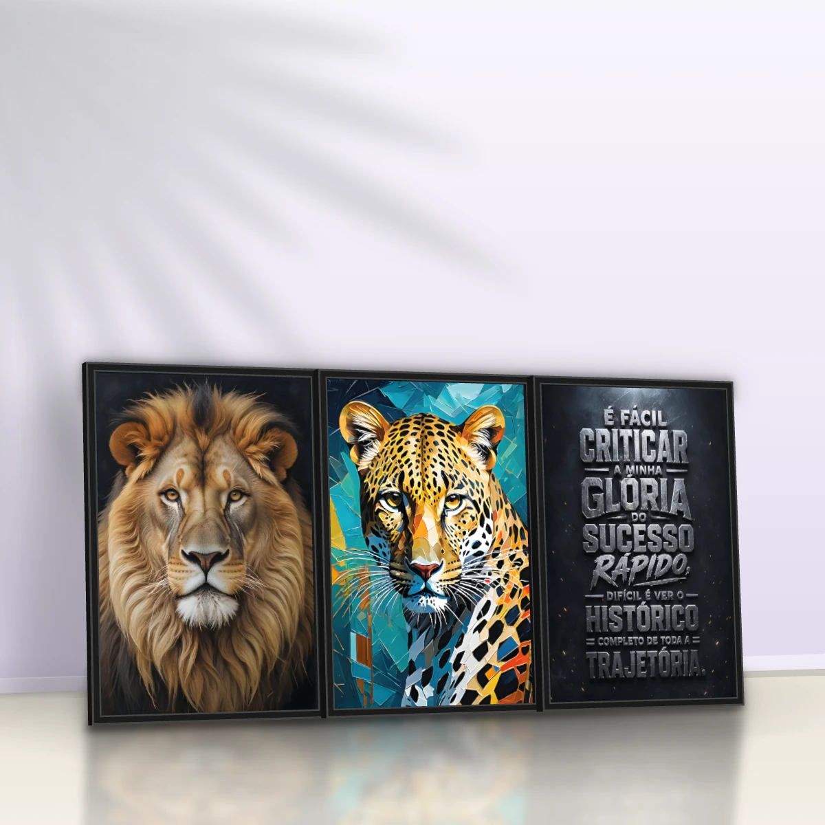 Quadro Trio Sala Leão Realista Dark
