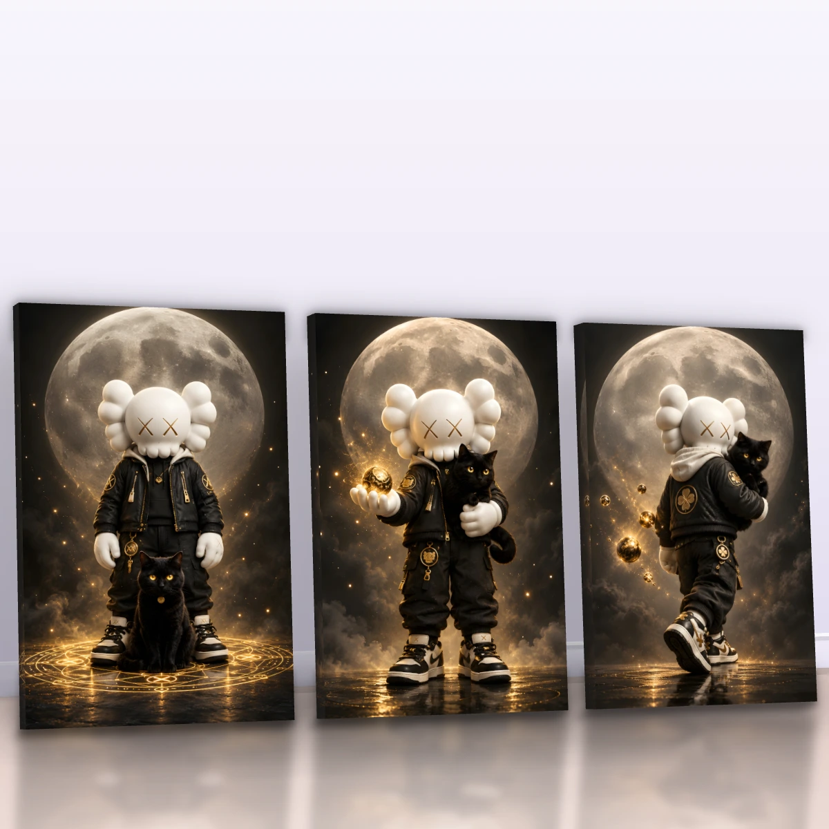 Quadro Trio Escritório KAWS Moon Gold
