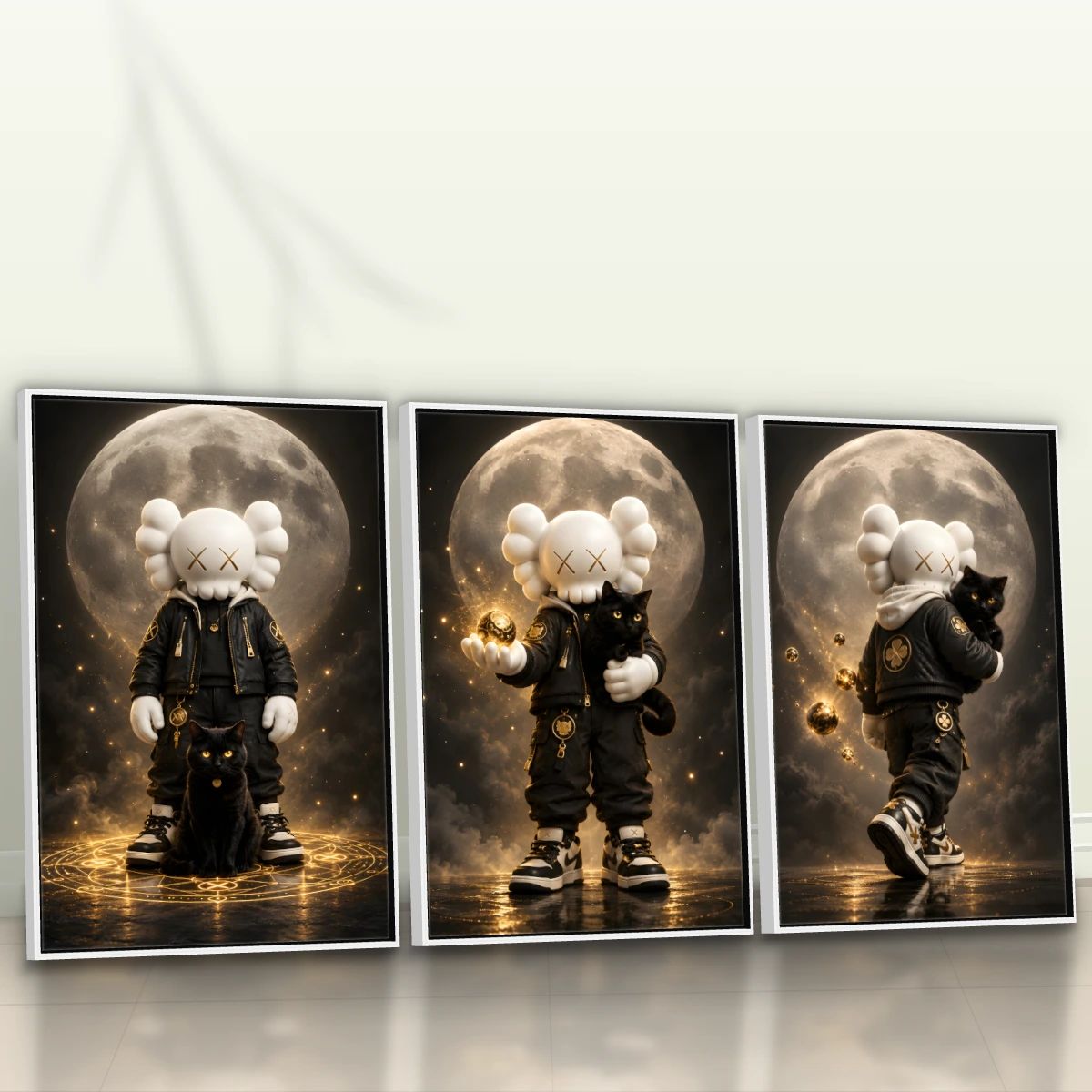 Quadro Trio Escritório KAWS Moon Gold