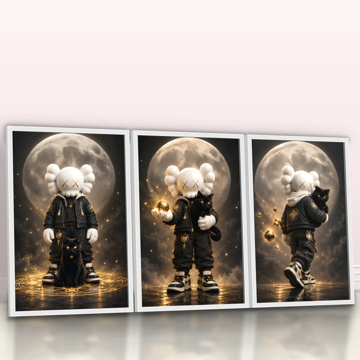 Quadro Trio Escritório KAWS Moon Gold