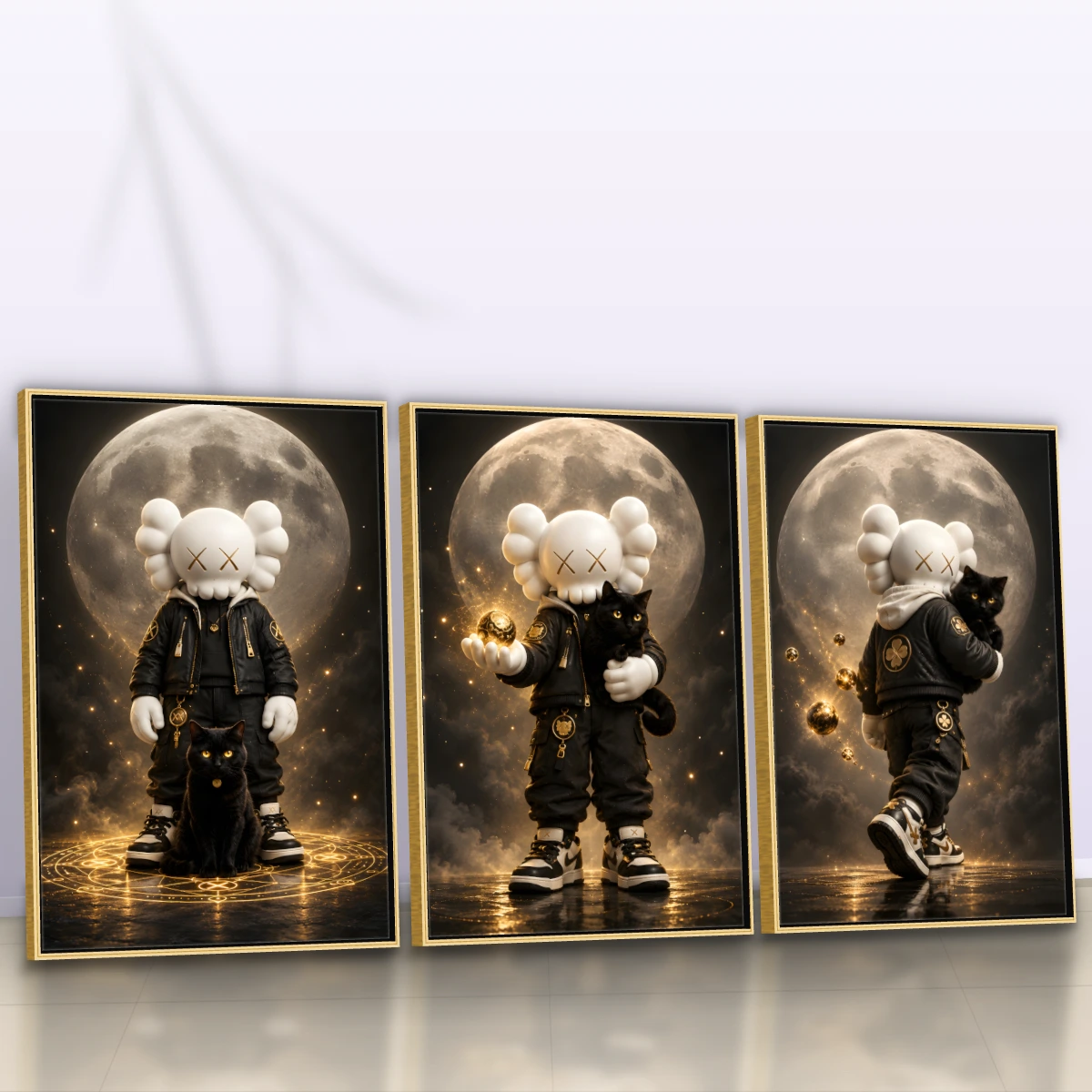 Quadro Trio Escritório KAWS Moon Gold