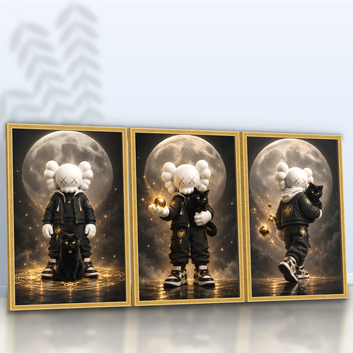 Quadro Trio Escritório KAWS Moon Gold