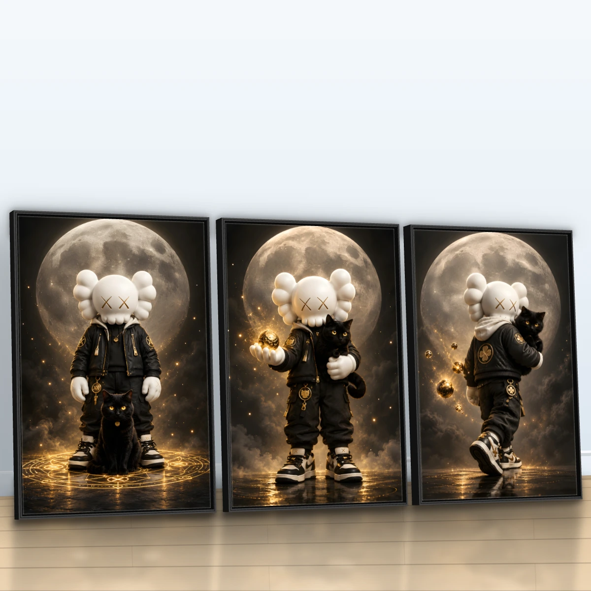 Quadro Trio Escritório KAWS Moon Gold